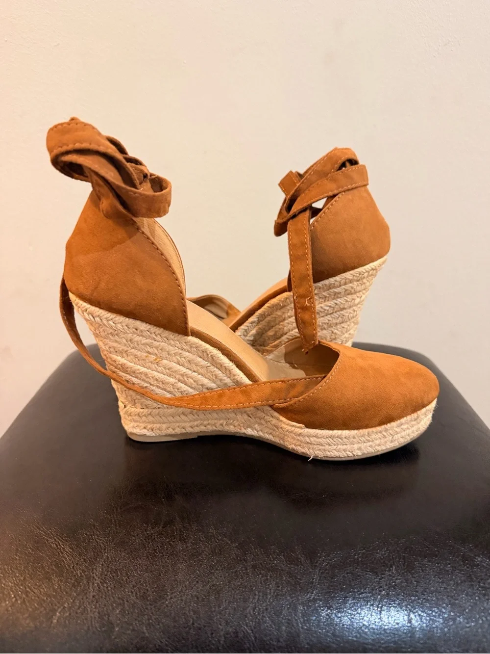 Brash Cognac Suede Espadrille Wedge Sandals with Ankle Wrap